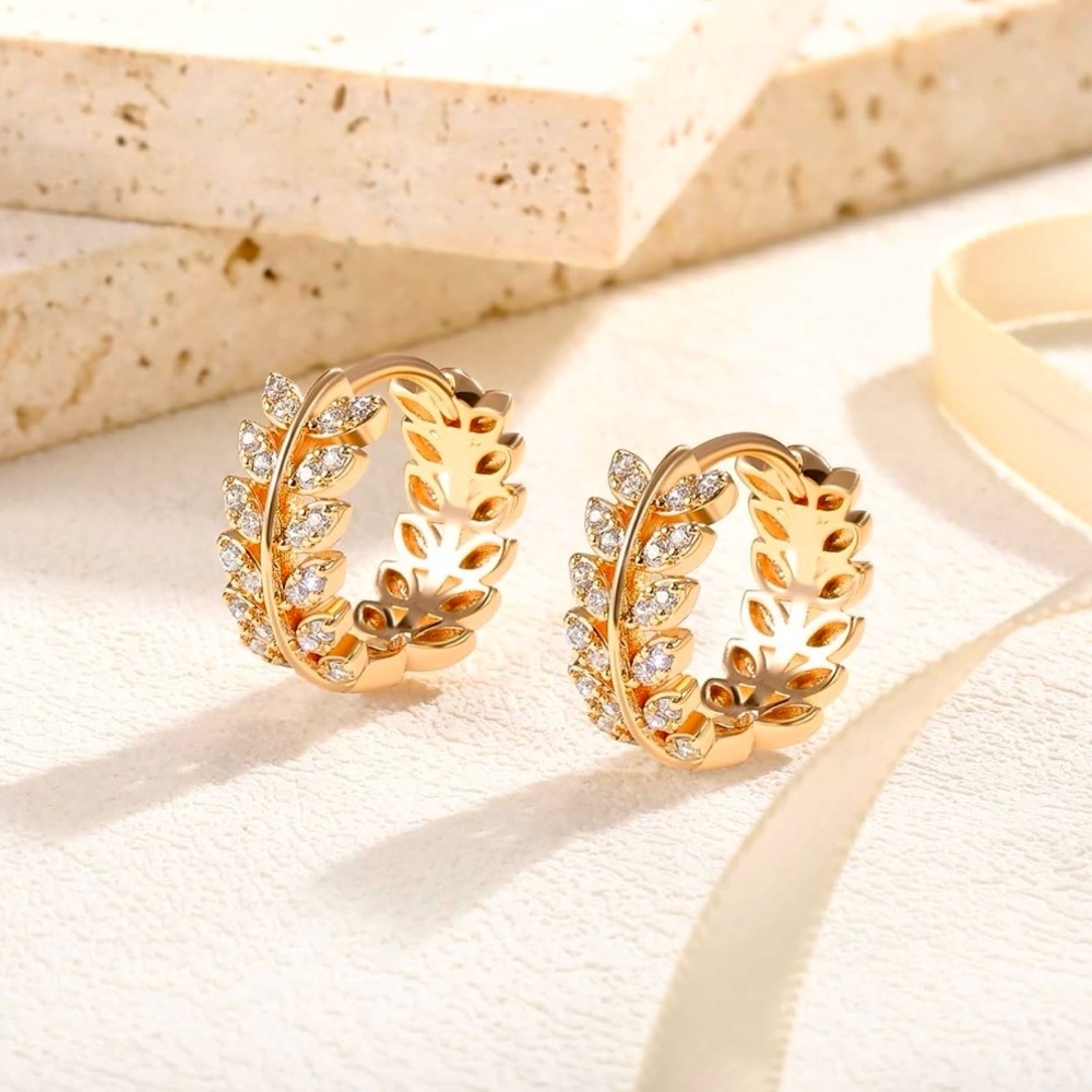 Olive Leaf Pave Huggie Hoop Earrings